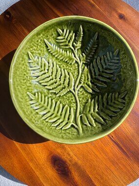 Vintage Olfaire Portugal Pottery Green Fern Leaf Majolica Ceramic Serving Bowl